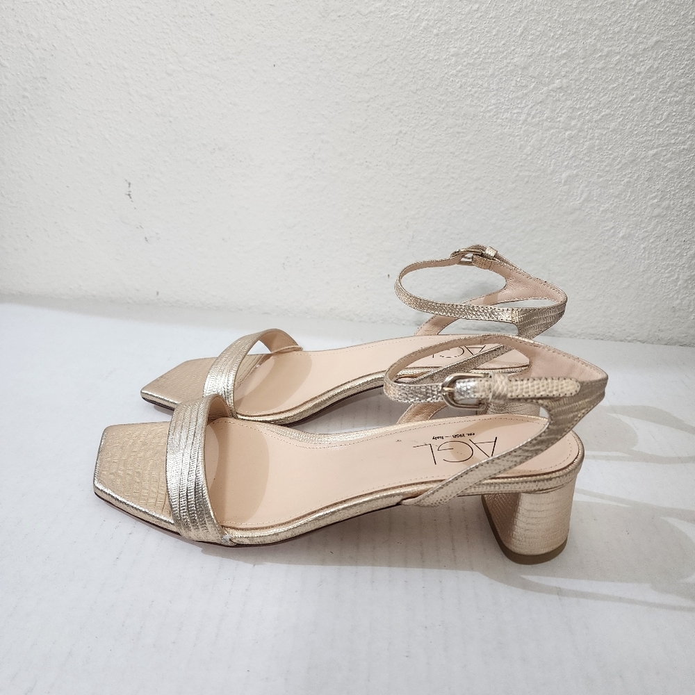 AGL Gold Metallic Block Heel Sandals Ankle Strap Designer Italy Size 10 - Picture 4 of 12